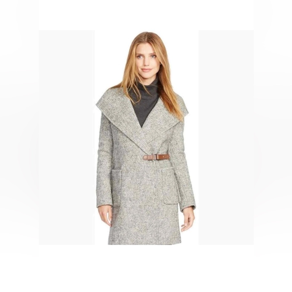 Ralph Lauren Hooded Herringbone Wool Cashmere Blend Wrap Coat Sz 10 $395 - Picture 3 of 7